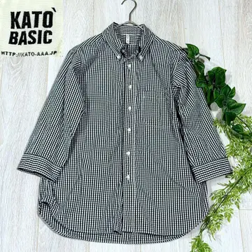 레어 KATO 카토 셔츠 깅엄 체크 로고 블랙 화이트 버튼 다운 S