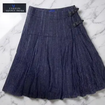 레킵 요시에 이나바 데님 플리츠 스커트 다크 네이비 벨트 인디고 L
