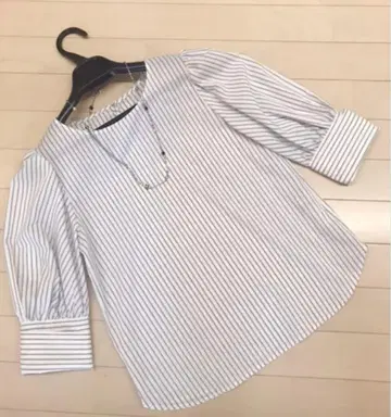 로페 스트라이프 블라우스 퍼프 슬리브 소매 롱 커프스 34