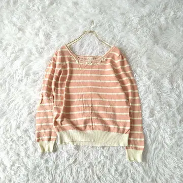 엑시즈팜 비쥬 버튼 리본 프릴 보더 니트 스웨터 M