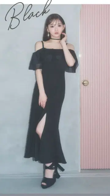 eat me 쿠로사키 미사 콜라보 오프숄더 머메이드 원피스 블랙