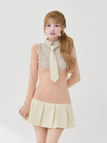 다리치 넥타이 셔츠 도킹 니트 미니 원피스