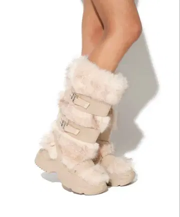 YELLO 베이지 퍼 롱 부츠