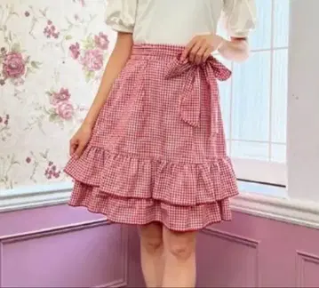 새상품 엑시즈팜 포에틱 리본 달린 백 프릴 스커트 깅엄 체크