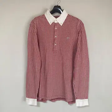 라코스테 5 버튼 다운 긴팔 피케 셔츠 빨간색 화이트 스트라이프