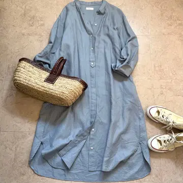 SHIPS any 더블 거즈 밴드 카라 셔츠 원피스 일본제