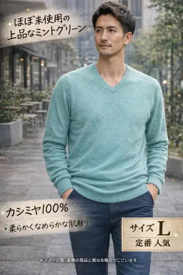 GRABRE 캐시미어 100% V넥 니트 L 민트 남성용 새상품급