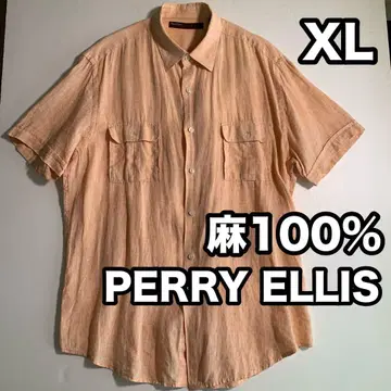 PERRY ELLIS 린넨 셔츠 반팔 셔츠 XL 린넨 100% 오렌지