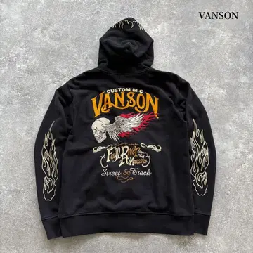 [VANSON] 반손 스컬 윙 프레임 파이어 자수 후드티 블랙