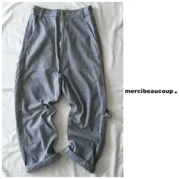 메르시보쿠 [세탁 가능] 면린넨 스트라이프 히코리 사루엘 팬츠