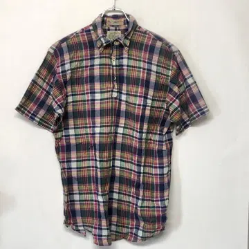 아메카지 인도산 마드라스 체크 풀오버 버튼 다운 반팔 셔츠