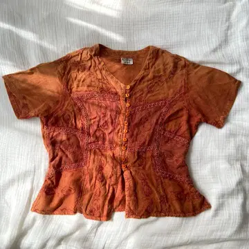 인도 자수 구제 의류 vintage 오렌지 염색 T셔츠 블라우스