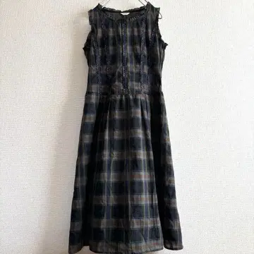 하모니카 롱 원피스 체크 프릴 슬리브리스 이너 포함 일본제