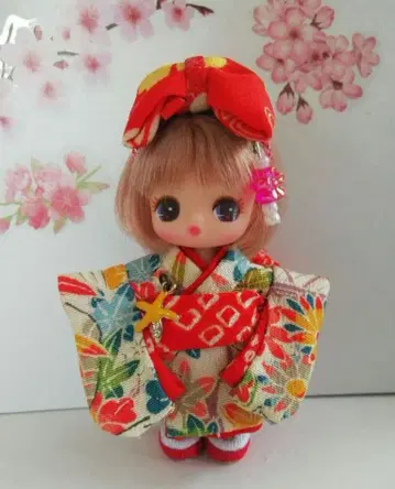 푸치 리카짱 기모노 대후리소데(순수 실크) 안감 머리 장식 오비 장식