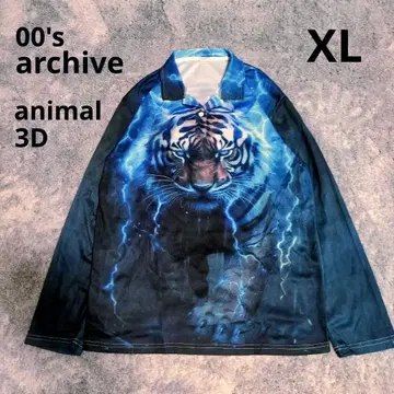 00년대 l/s 롱티 오픈 카라 호랑이 무늬 애니멀 3D swag XL