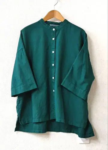 SUN VALLEY 옥스 밴드 카라 셔츠 6부 소매 썸머 그린