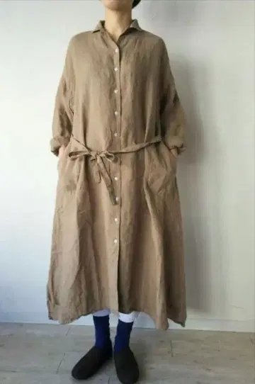 가격 인하 Gauze#베이지 린넨 긴팔 셔츠 원피스 리본 벨트 포함