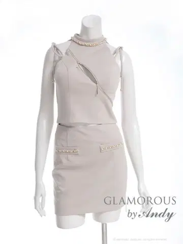 하이넥 체인 지퍼 리본 숄더 타이트 미니 셋업