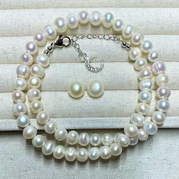 고품질 천연 담수 펄 목걸이 귀걸이 2세트 무핵 담수 진주