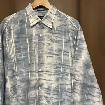 90s JHANE BARNES 주름 가공 프린트 셔츠 L 블루 화이트