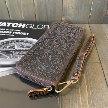 F2 럭셔리 꽃 일본풍 패턴 카빙 천연 가죽 무소 지갑 라운드 지퍼 커피