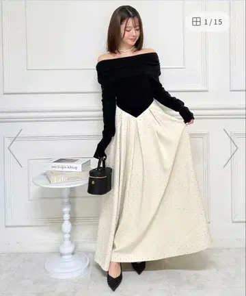 ROYAL PARTY 오프숄더 개더 도트 플레어 도킹 원피스