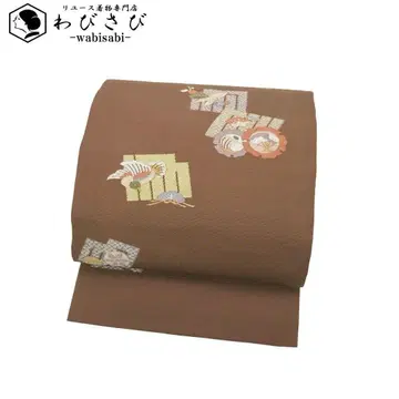 나고야 오비 겐지 새와 꽃무늬 새 눈꽃 브라운 장척 O-4613