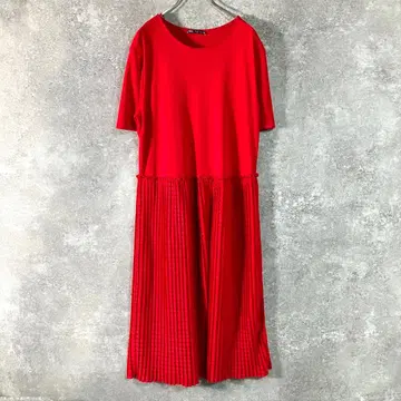ZARA 티셔츠 원피스 롱 기장 반팔 레드 플리츠 크루넥
