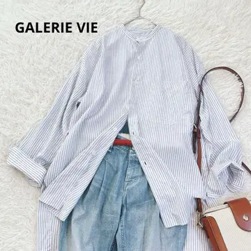 갤러리 바이 오버 사이즈 셔츠 밴드 카라 스트라이프 일본제 스카이블루