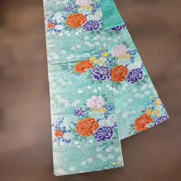 에메랄드 그린 꽃무늬 후쿠로 오비 쇼와 모던 앤티크 기모노