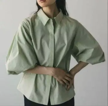 STYLEMIXER 라이트 그린 5부 소매 벌룬 셔츠