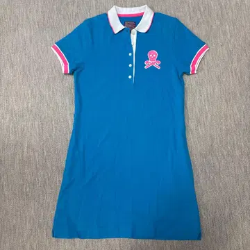 스컬 디자인 폴로 원피스 블루