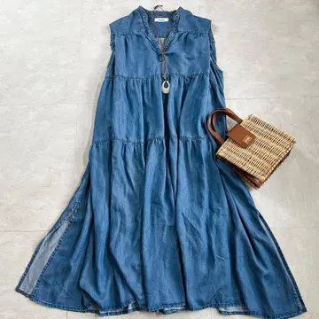 새상품급 헬시 데님 티어드 원피스 슬리브리스 인디고 블루
