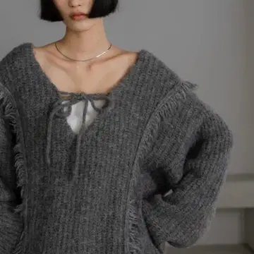 로리즈팜 니트 스웨터 2way 프린지 멜란지 LS 그레이