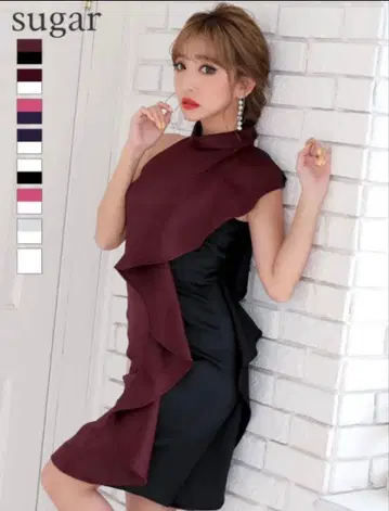 VELIQUE 고급 광택 원단 사이드 프릴 미디 드레스 와인 x 블랙