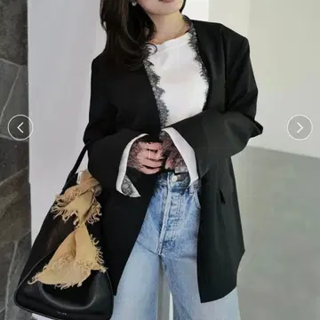 아뉴앙스 레이스 트리밍 노카라 자켓 블랙