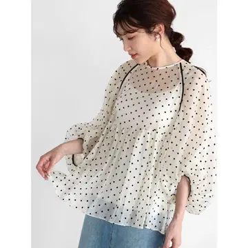 야마다야 미사용 새상품 Vin (뱅) 플로키 도트 볼륨 시어 블라우스