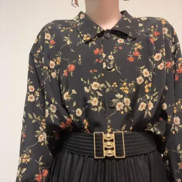 블랙 꽃무늬 레트로 앤티크 오버 사이즈 빅 루즈 올 패턴 셔츠