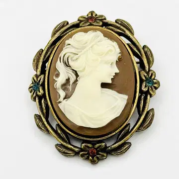 컨디션 최상 사베스 SABES 카메오 브로치 빅 사이즈 앤티크 골드 꽃