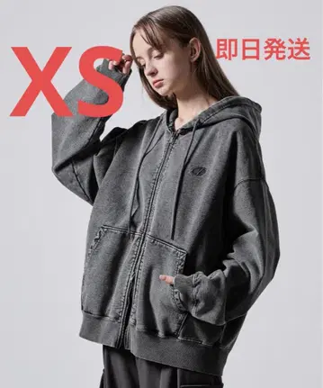 [CLEL] 헤비웨이트 로고 자수 풀 집업 후드티 차콜 그레이 XS