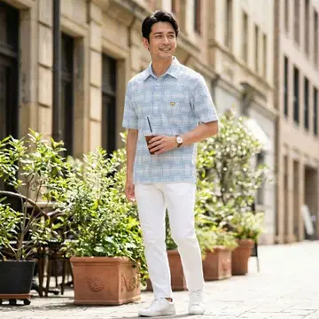 G949*골든베어 반팔 피케 셔츠 스카이블루 블루 체크 무늬 면린넨 M