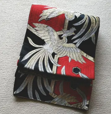 봉황 자수 럭셔리 후쿠로 오비 육통 블랙 레드 금은 앤티크