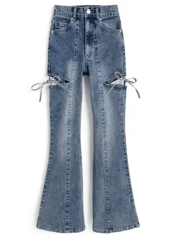 GRL 사이드 컷 아웃 리본 플레어 데님 팬츠[cu578] XS 사이즈