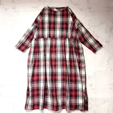 이치 ICHI 절개 개더 롱 원피스 면100% 체크 무늬