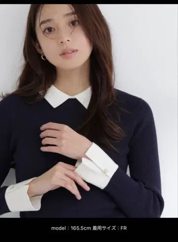 니트 스웨터 옷깃 부착 리브 베이직 니트 여성용 네이비