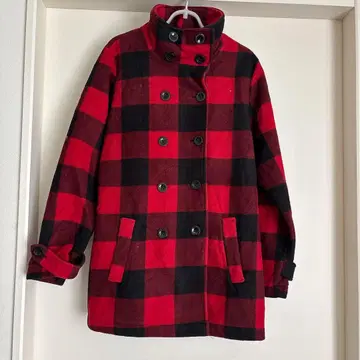 IKE BEHAR 버팔로 체크 코트 빨간색 블랙 더블 버튼 울 소재 L