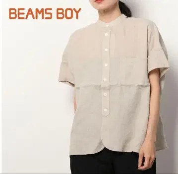 BEAMS BOY 린넨 솔리드 스탠드 카라 숏 슬리브 셔츠