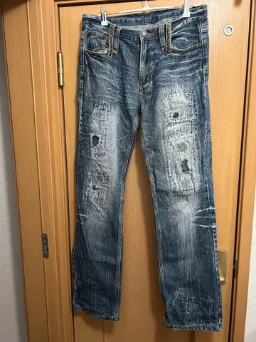 클론 데브그루 그런지 데님 귀신 수염 가공 플레어 데님 팬츠
