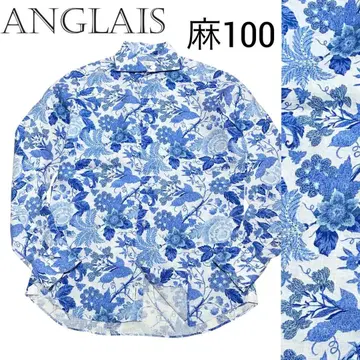 새상품급 ANGLAIS 아그레 리넨 꽃무늬 호리젠탈 칼라 셔츠