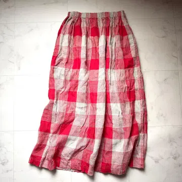 이치 앤티크스 린넨 체크 롱 스커트 플레어 올 패턴 빨간색